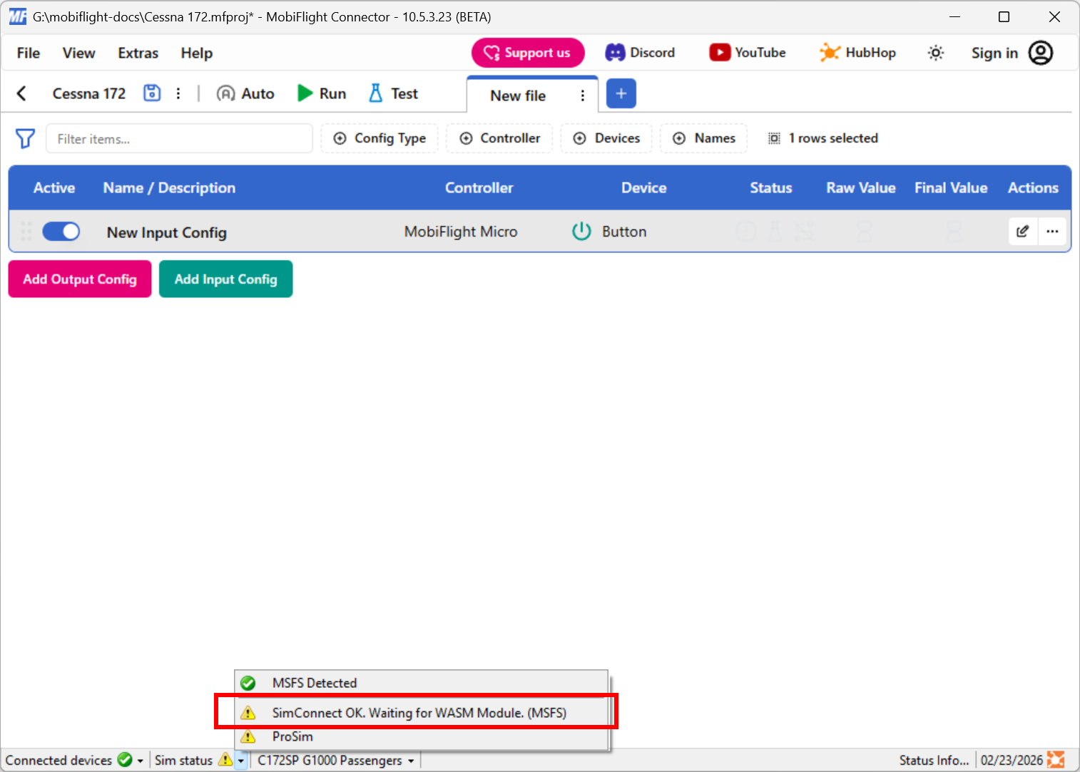 Screenshot of the main MobiFlight window with the sim status menu open and a Waiting for WASM Module warning.