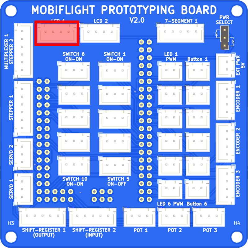 Photo of a prototype board with the LCD connection highlighted.